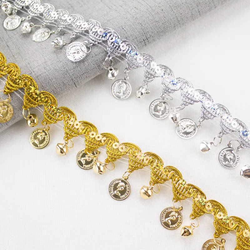 

10yards 4cm Wide Gold, Silver Coins Beaded Fringe, Fashion Dancewear Dress Costume Handbag Shoes Fringe, Lampshade Fringe