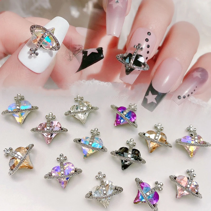 10 Pcs Luxury Nail Art Alloy Planet Gem Rhinestone Nails Shiny Multi-color Planet Cross Nail Charm DIY Nail art decoration