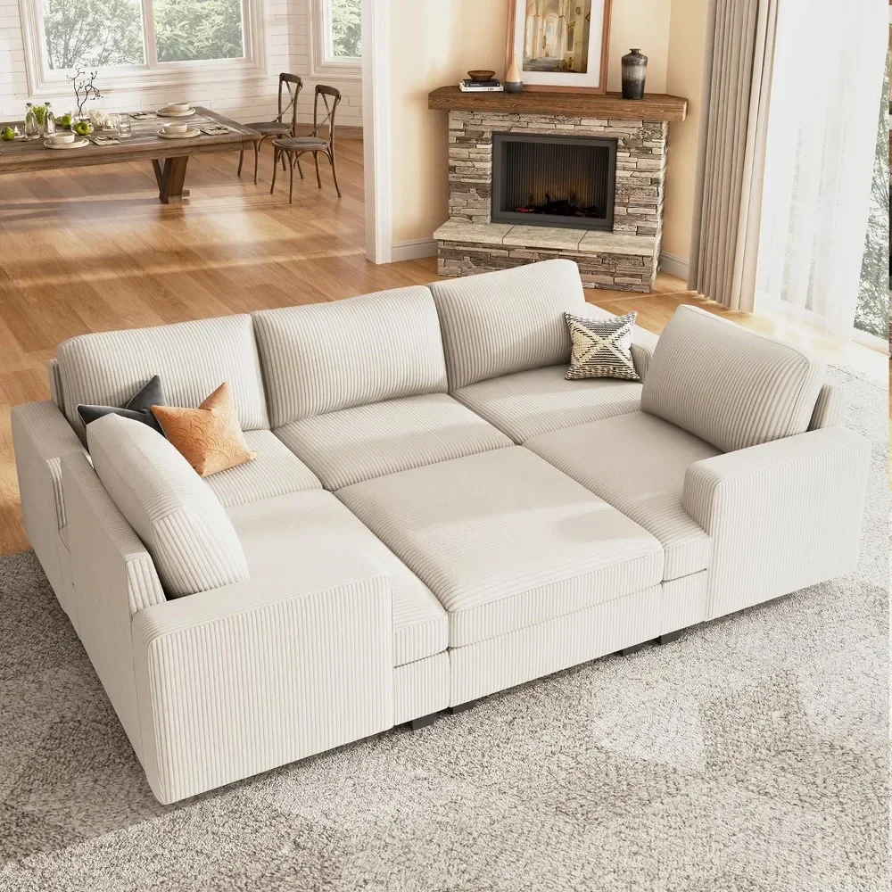 Modular Sectional Couch with Storage Ottoman, Corduroy Sleeper Sectional Sofa with Chaise, Sectional Couches for Living Room,