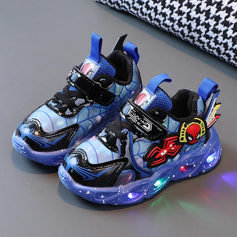 Disney LED Children\'s Sport Shoes  Boys Spiderman Sneakers Toddler Walking Shoes Anti-slip Kids Outdoor Shoes Pu Leather Shoes