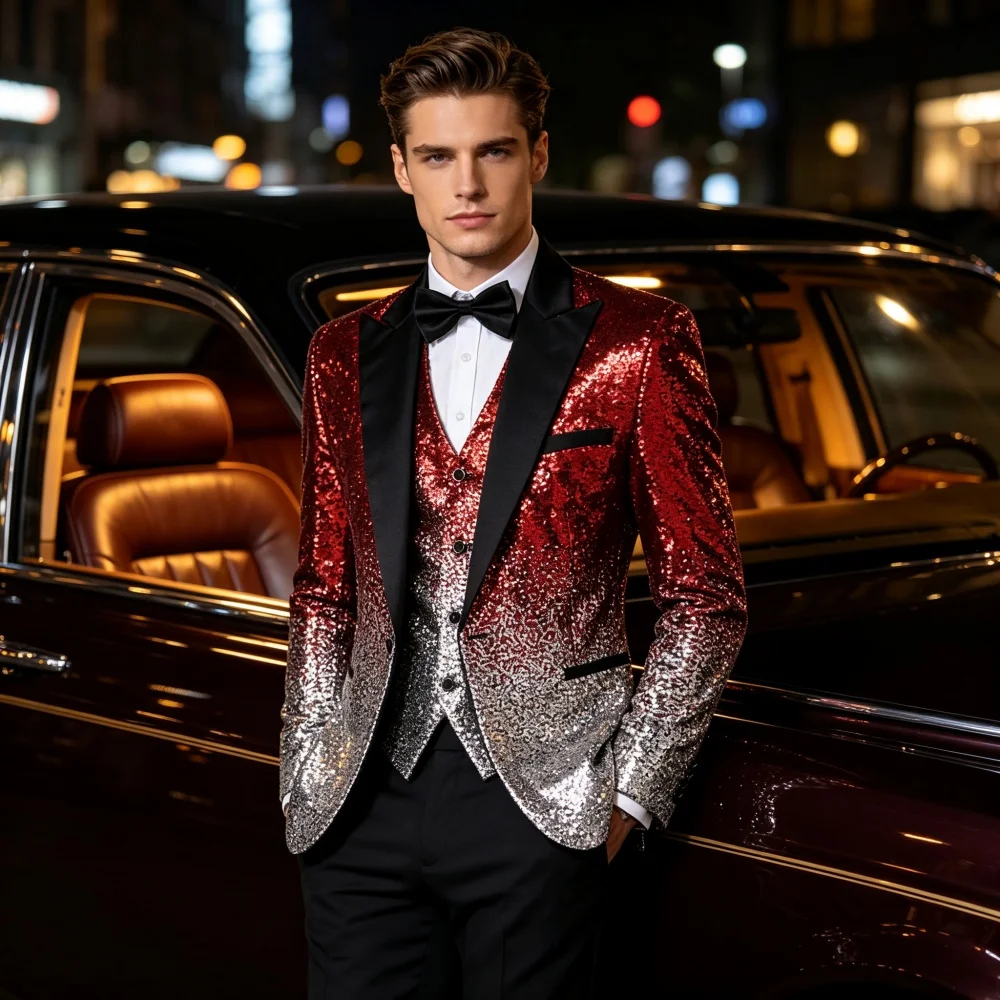 Men 3 Piece Gradient Sequin Suit  Lapel Tuxedo Jacket Vest Black Serge Pants Wedding Prom Stage Performance Party Blazer Set