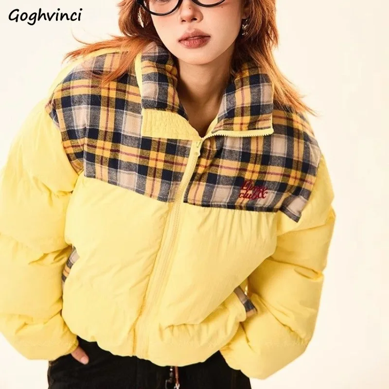 

Parkas Women Sweet Ins Turn-down Collar Vintage Plaid Warm Lazy Cold-proof Korean Style Winter Outwear Trendy Students Harajuku