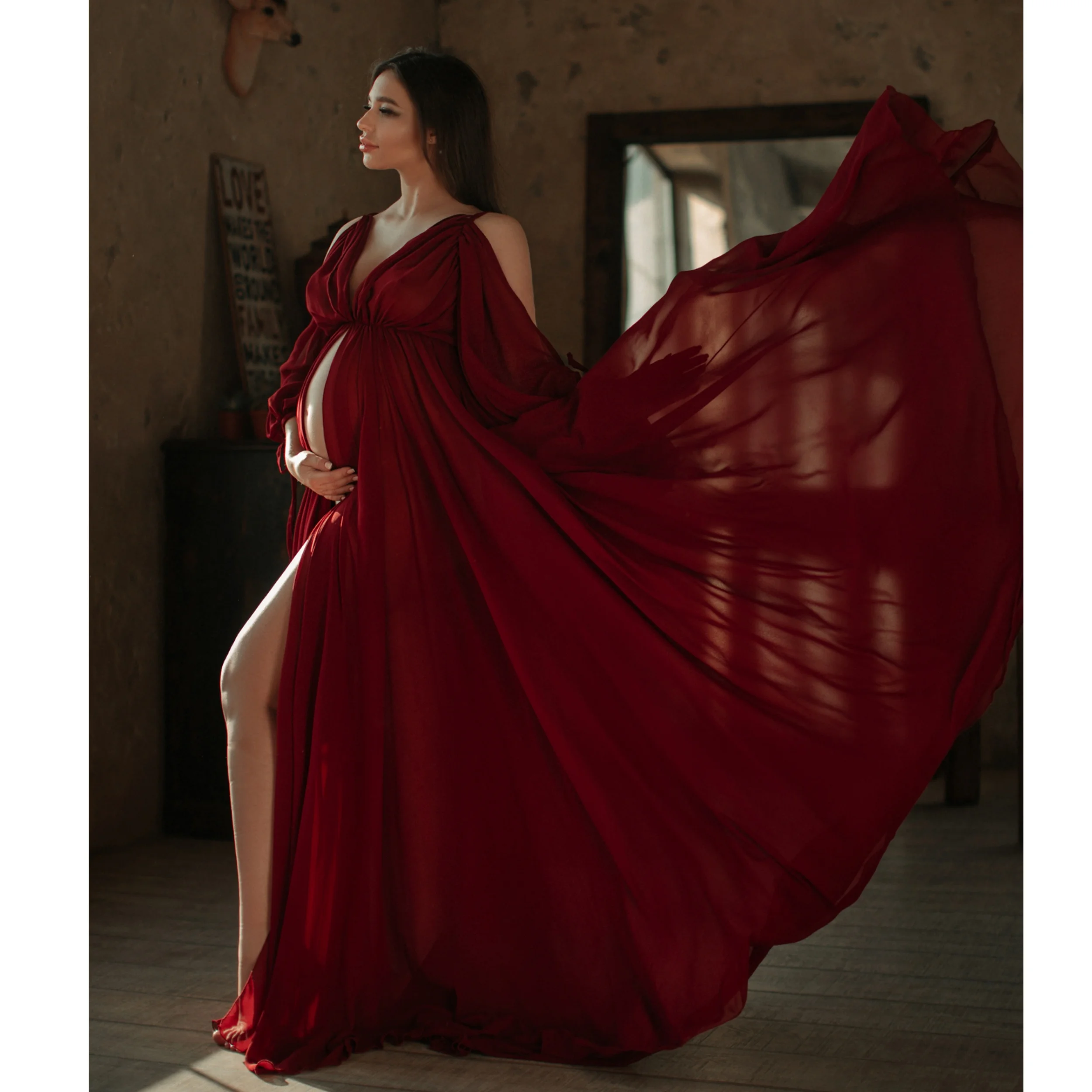 

Sexy Sheer Maternity Dresses Linda V Neck Sleeveless Pregnant Prom Gowns for Photoshoot Customized Floor Length BabyShower Gowns