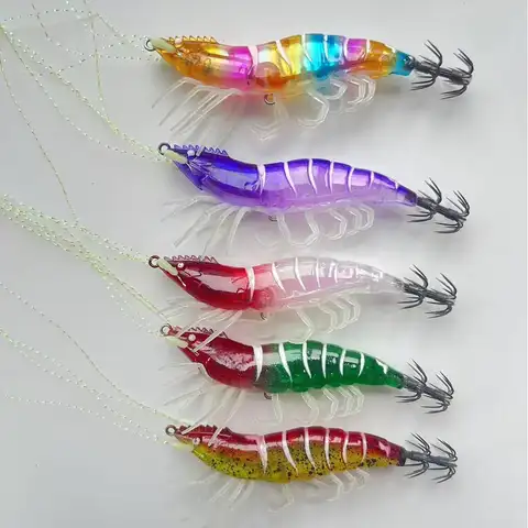 Jumping Shrimp Night Light Wooden Shrimp Squid Hook Ink Fish Hook With Sound Bead 10cm Glowing Lure Bait Fishing Gear