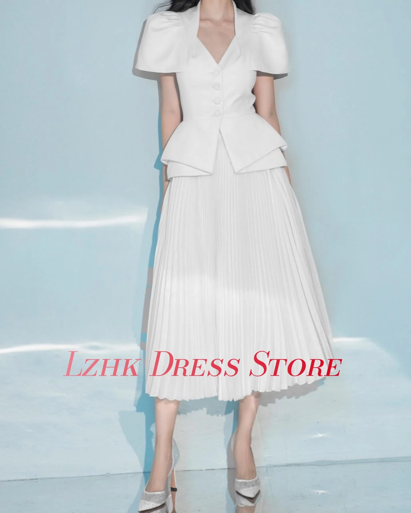 カスタマイズされたクラシックジャージーAラインボタンイブニングドレス繊細な半袖Vネックティーレングス