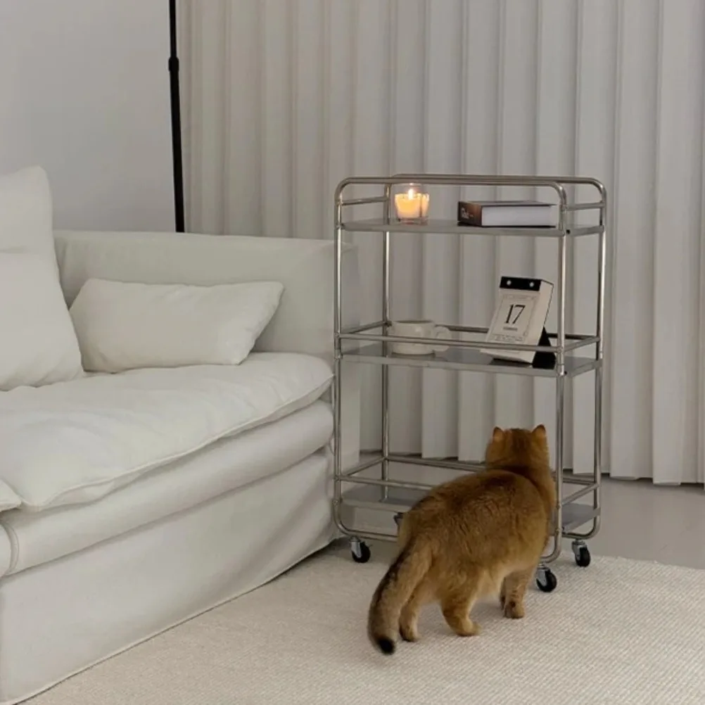 Nordic Stainless Steel Side Table Living Room Mobile Trolley with Wheels Storage Rack Kitchen Multifunctional Storage Rack