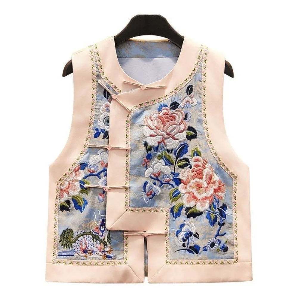 Chinese Style Retro Heavy Print Vest, Frog Button Tang Dynasty Waistcoat Sleeveless Jacket