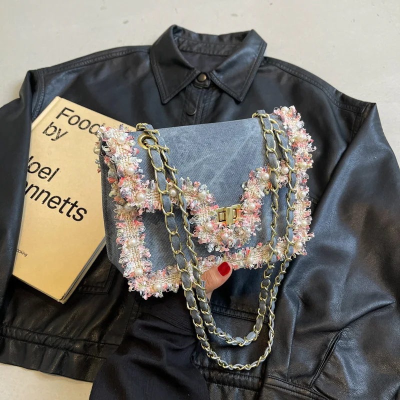 

High end sweet style women's chain crossbody bag small fragrant style flower pearl temperament shoulder bag