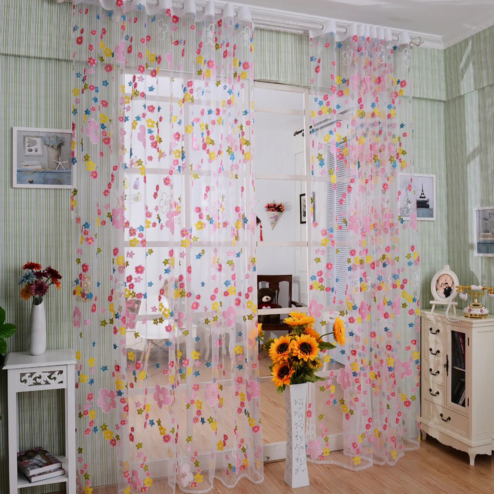 Rural Small Flowers Voile Tulle Room Window Curtain Transparent Pastoral flower Sheer Curtains Easy To Install Curtains100*200cm