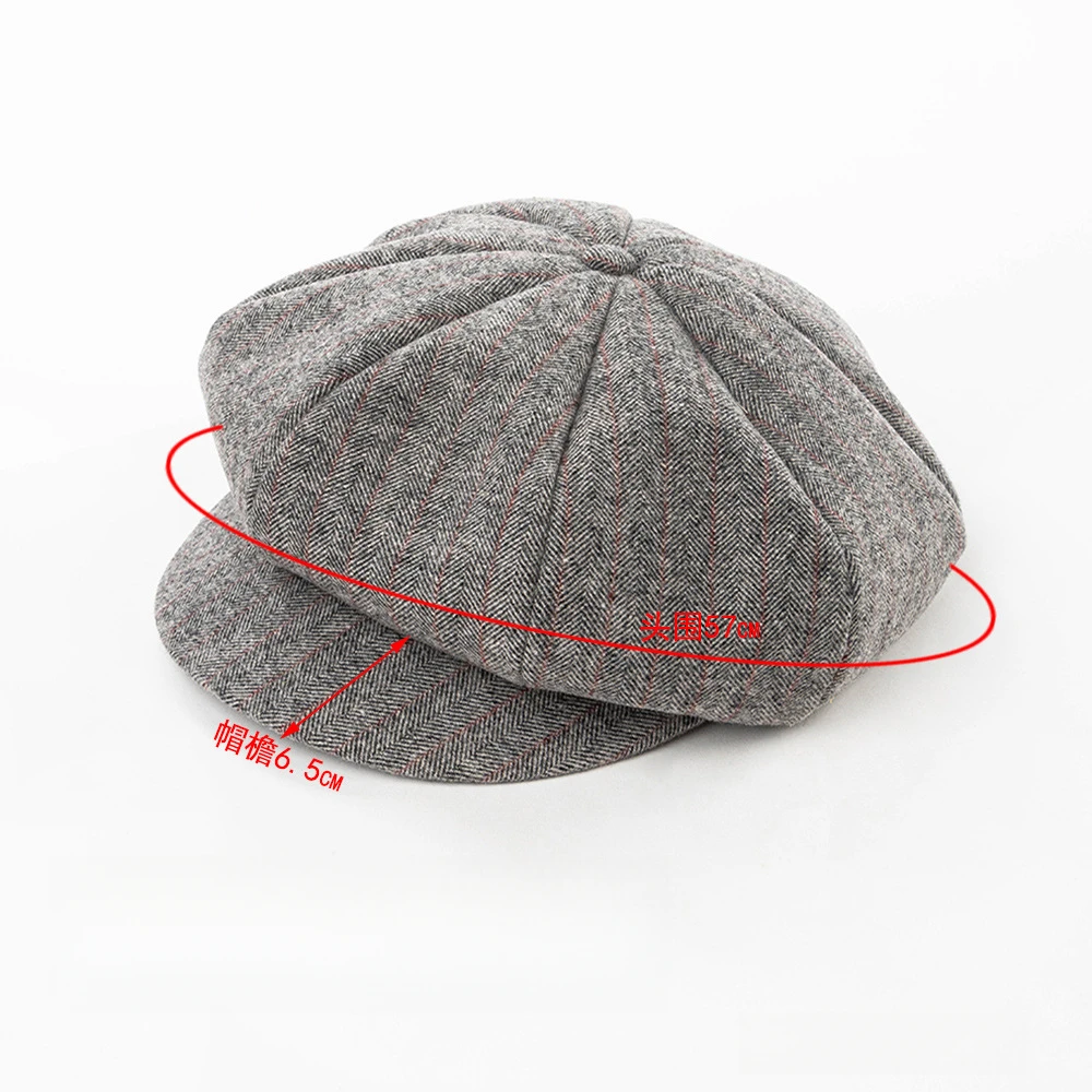 여성용 팔각형 울 혼방 모자 56-58cm 핀스트라이프 통기성 사계절 다용도 일상 착용 심플 디자인