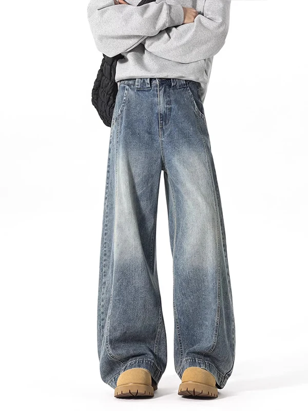 

Мужские джинсы в стиле ретро, синие, с эффектом потертости, американского кроя, с вставками, повседневные, прямые, модные, свободные, широкие брюки