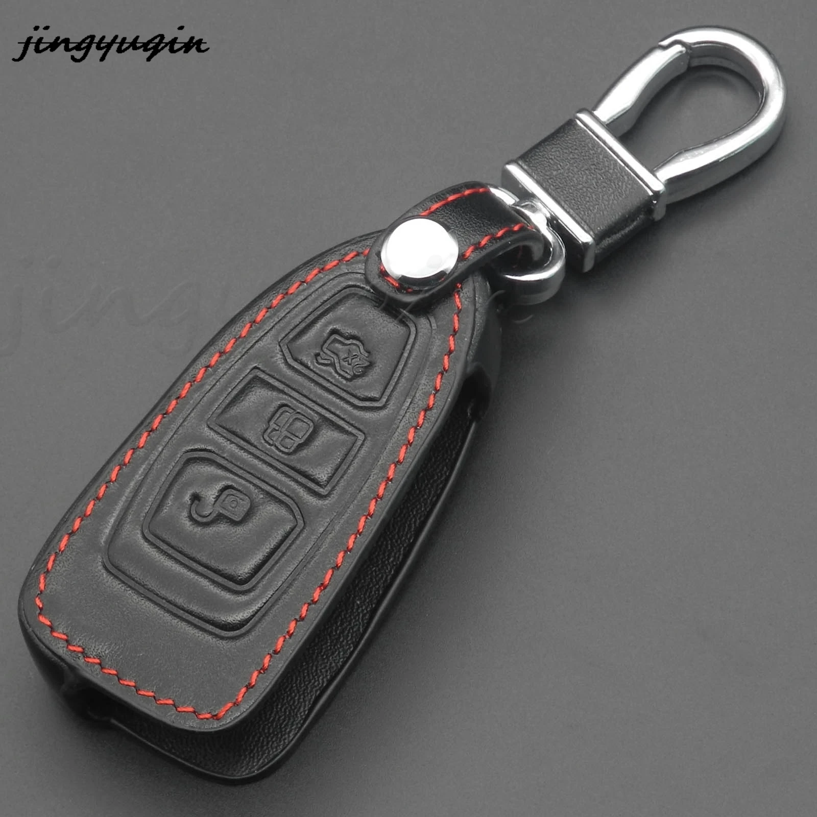 

jingyuqin 10pcs 3 BTN Leather Remote Car Key Case For Ford Mondeo Mk4 Focus 2 3 4 St Kuga Fiesta Fusion Ecosport 2012 2013 2014