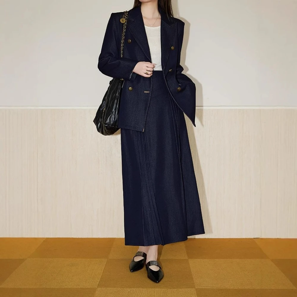 TWOTWINSTYLE Darkblue تقسم أزرار قطعتين مجموعة الإناث التلبيب كم طويل سترة الشارع الشهير الرجعية المرأة تنورة مجموعة الموضة #2