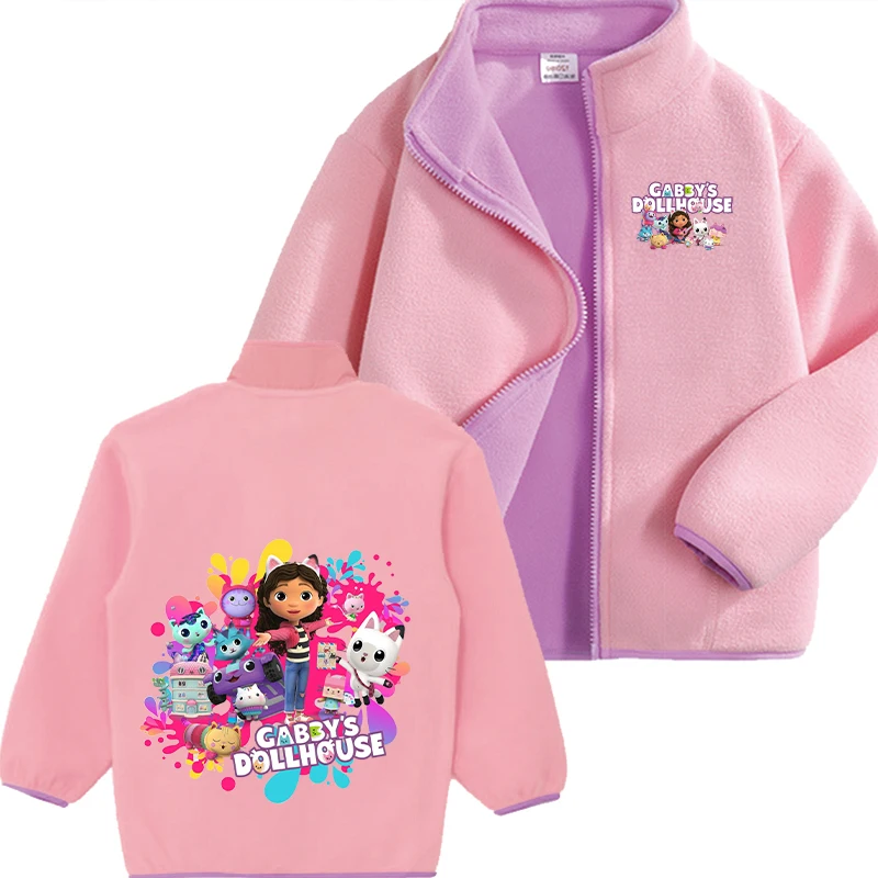 Gabby Dollhouses Baby Girls Pink Hoodie Sweatshirts Long Sleeve Fleece Two-sided Zipper Tops Clothing Autumn Winter Warm Clothes