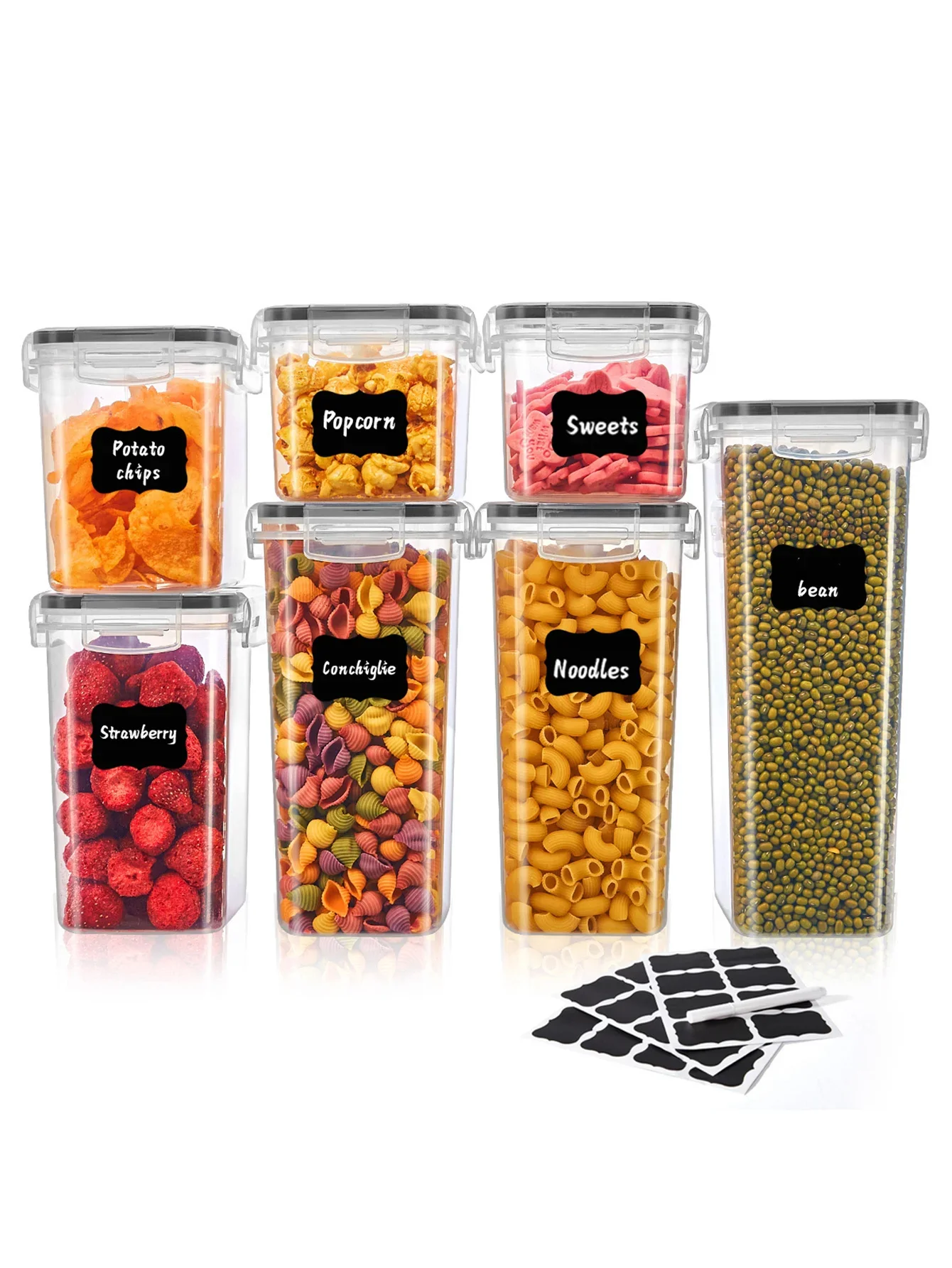 7개의 밀폐 식품 보관 용기 세트 (주방 팬트리 정리 및 보관용 플라스틱 용기, 뚜껑 및 라벨 포함)