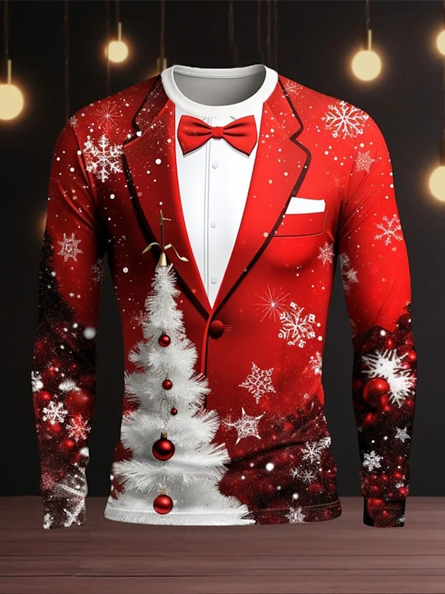 Christmas T-shirts For Men Shirts Tree Snowflake Graphic T-Shirt Cotton O Neck Oversized Long Sleeve Tops Streetwear Men's Shirt