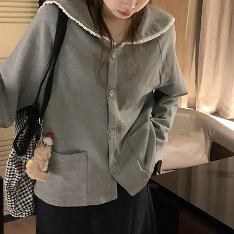 Fashion Sailor Collar Lace Spliced Blouse 2024 Autumn Loose Long Sleeve Female Clothing Solid Color Korean Single-breasted Shirt