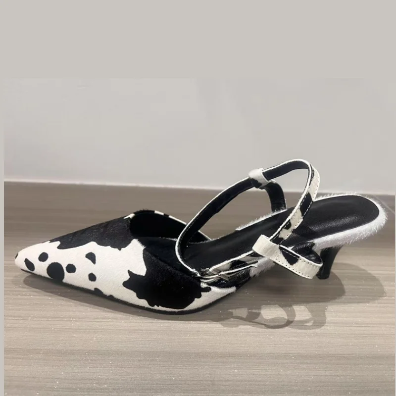 

Cow Prints Patchwork Women Sandals Pointed Toe Ankle Strap Kitten Heels Summer Shoes Slipper Cover Head Buckle Suede Large Size