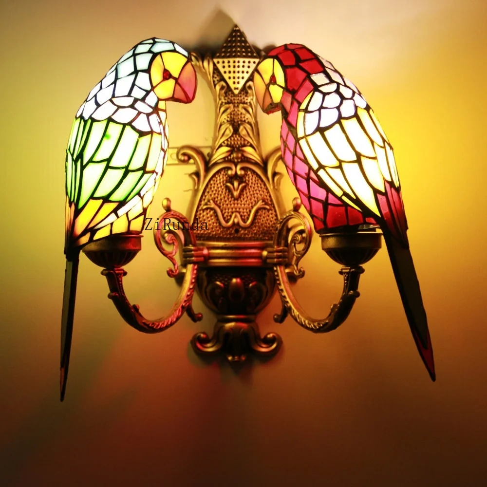 Candeeiro de parede papagaio com abajur vitral varanda quarto candeeiro de parede pássaro
