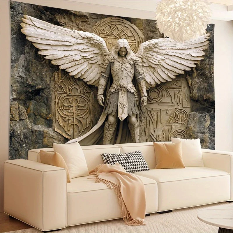 VIKAMA Winged Knight Wall Hanging, Ancient Rune Stone Relief Angel Warrior Tapestry, Lightweight Indoor Aesthetic Wall Decor