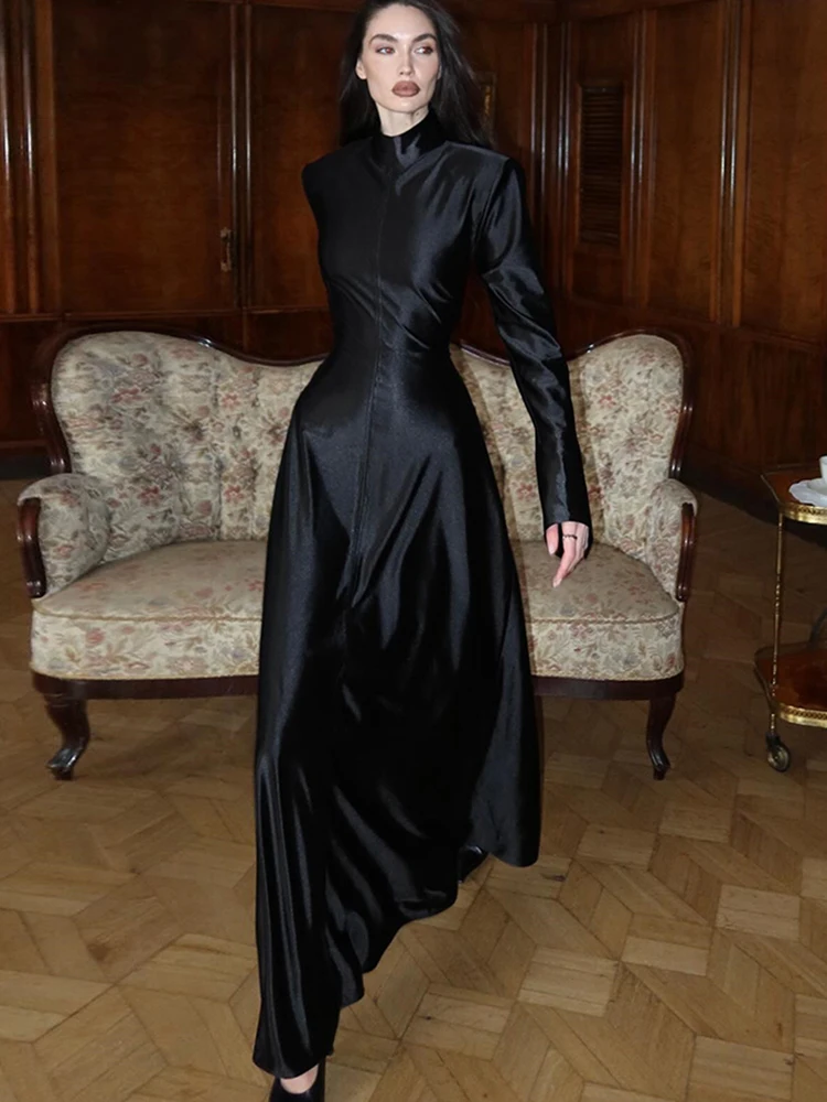 Estranho gato elegante clássico vestido feminino primavera tendência meia gola alta manga cheia simples estiramento magro noite banquete bodycon