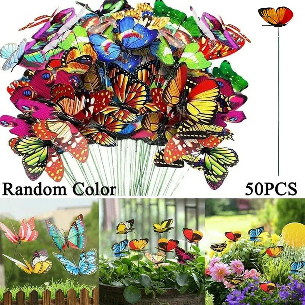 50pcs Yard Simulation Butterflies Ornaments Colorful Butterflies Craft Stakes Butterflies Garden Potted Plant Decoration