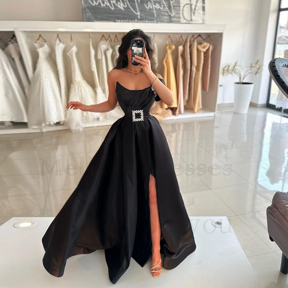 

Black Strapless Evening Dresses for Women Side Slit Satin Prom Gowns with Belt 2024 Summer New Sleeveless Robe De Soirée Zipper