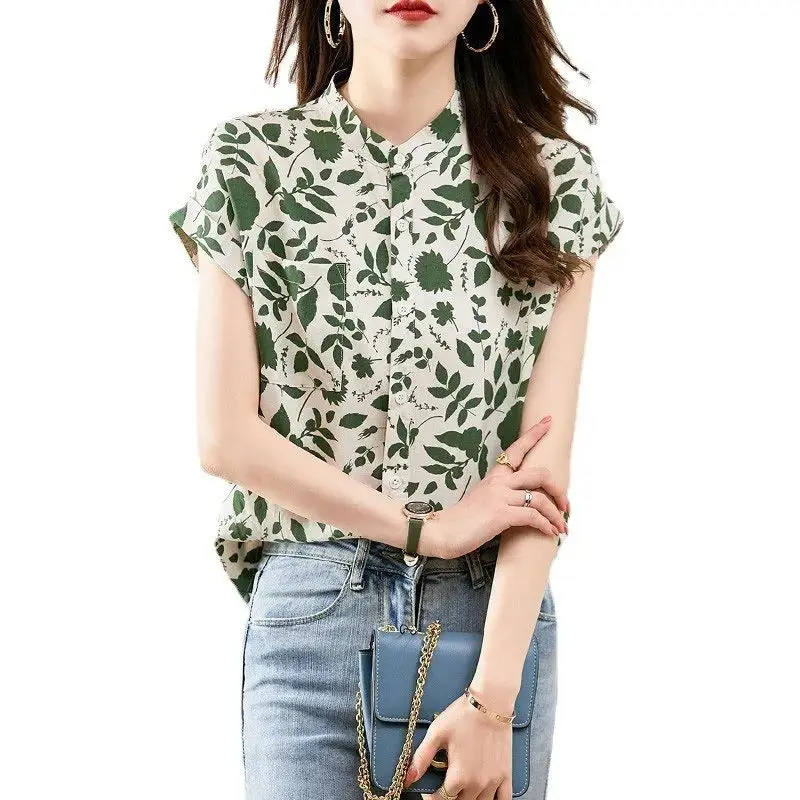 Chinese Style Commute 2024 Summer Blouses Women\'s Floral Stand Collar Thin Button Pocket Short Sleeve Loose Casual Printed Shirt