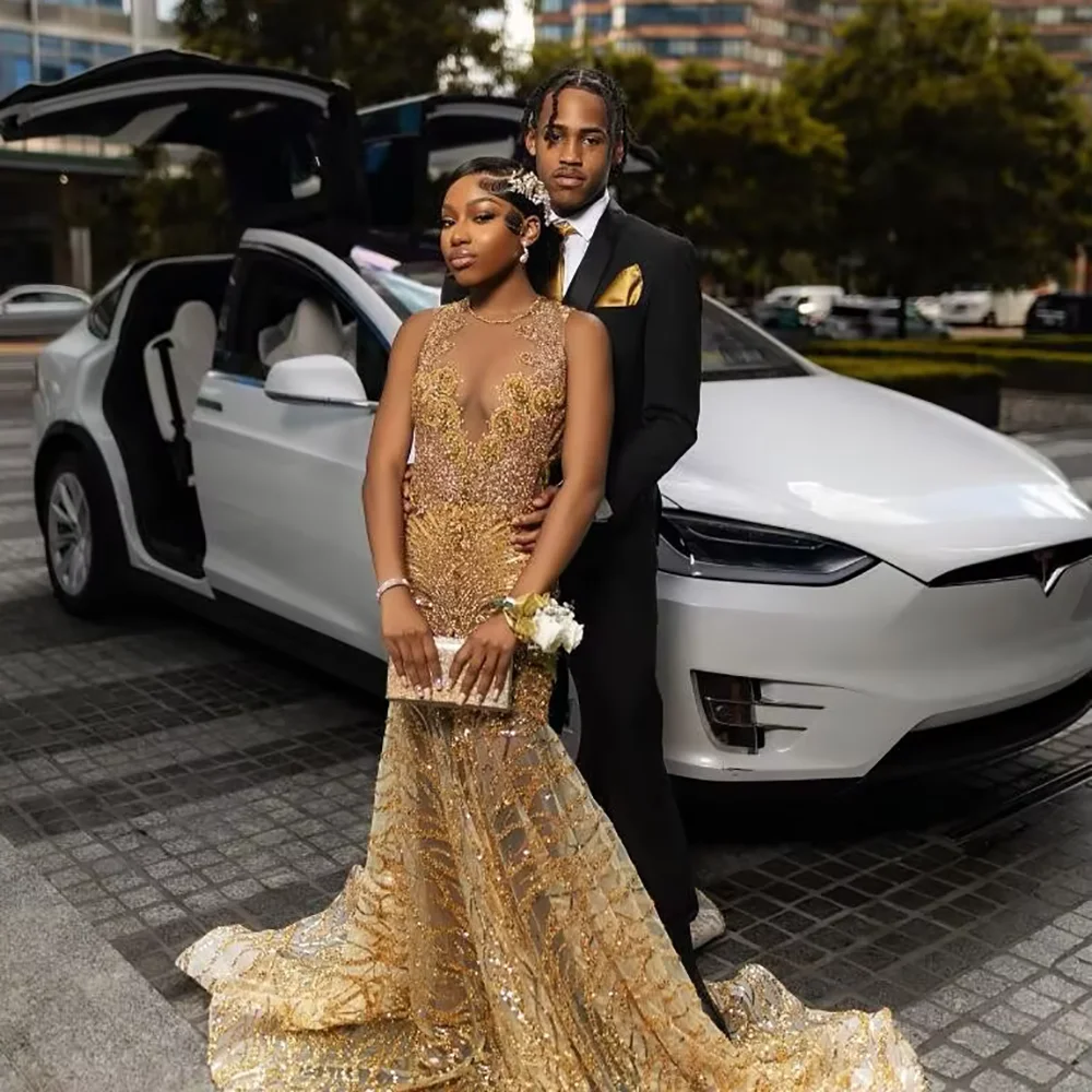 Gliter strass diamante ouro longo sereia vestidos de baile 2025 preto meninas sexy sheer vestido de noite para festa de aniversário personalizado