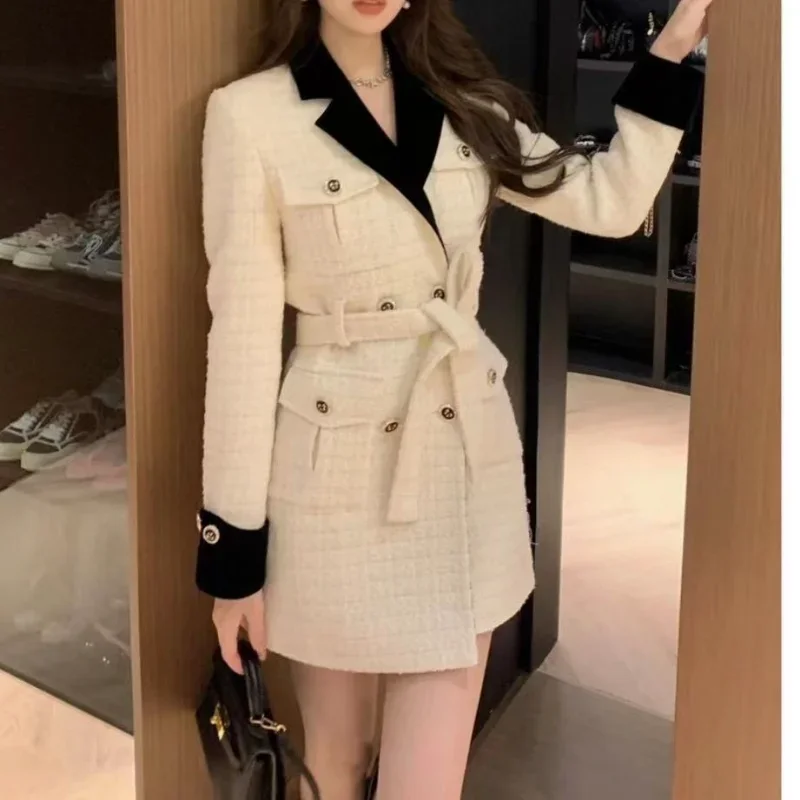 

Women Small Fragrance Patchwork Notched White Dress Elegant Chic Long-sleeved One-piece Office Slim Tweed Dress Autumn Winter