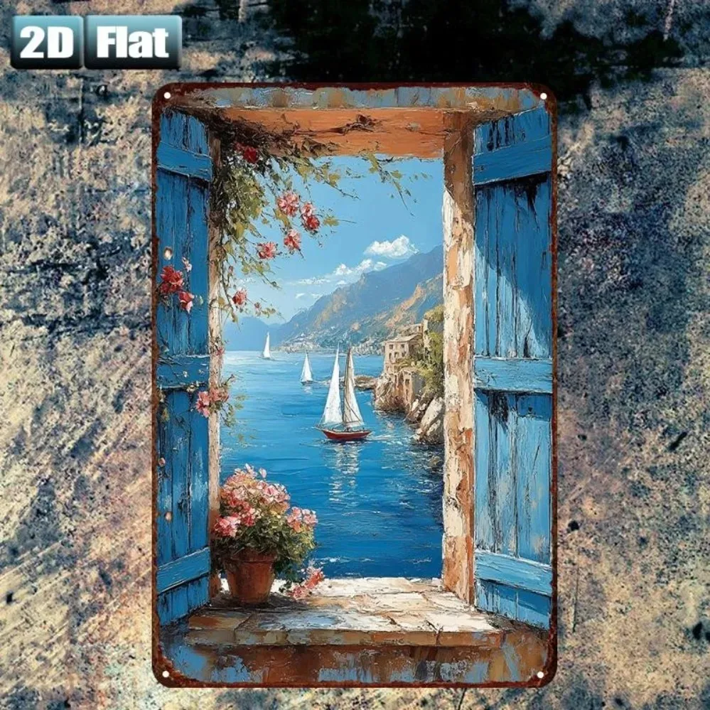 Plaque murale vintage en métal avec vue sur la mer méditerranéenne, bateau à voile bleu, décoration murale pour la maison