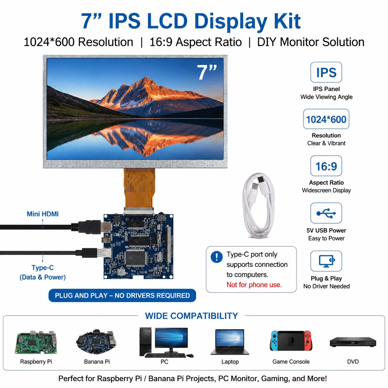 

7-inch portable LCD monitor with 1024*600 IPS screen Type-C HDMI-compatible driver control board display module,for Raspberry Pi