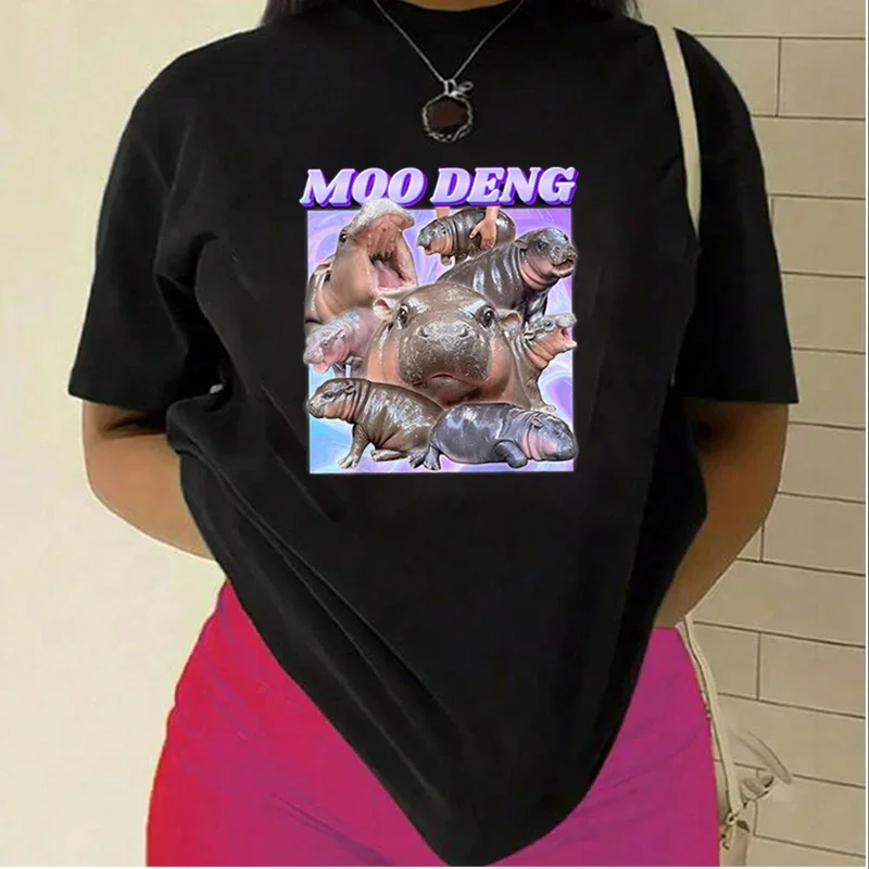 Moo Deng Cute Hippo Funny T Shirts Fashion Hip-hop Round Neck Retro Short Sleeves Interesting Stalks Suitable For Summer