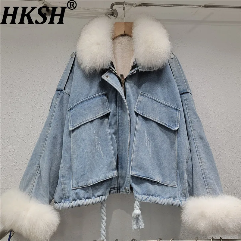 HKSH Winter New Women Warm Coat Fur Collar Spliced Denim Zipper Pockets Streetwear Fashion Fleece Lined Thickened Jacket HK13352