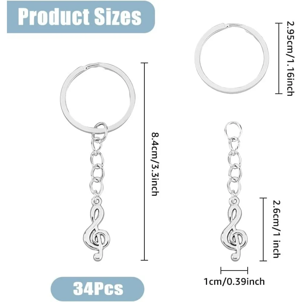 34Pcs Musical Note KeyChains G Clef Musical Symbol Metal Key Rings Alloy Music Pendants Sign Keychain with Iron Split Key Rings