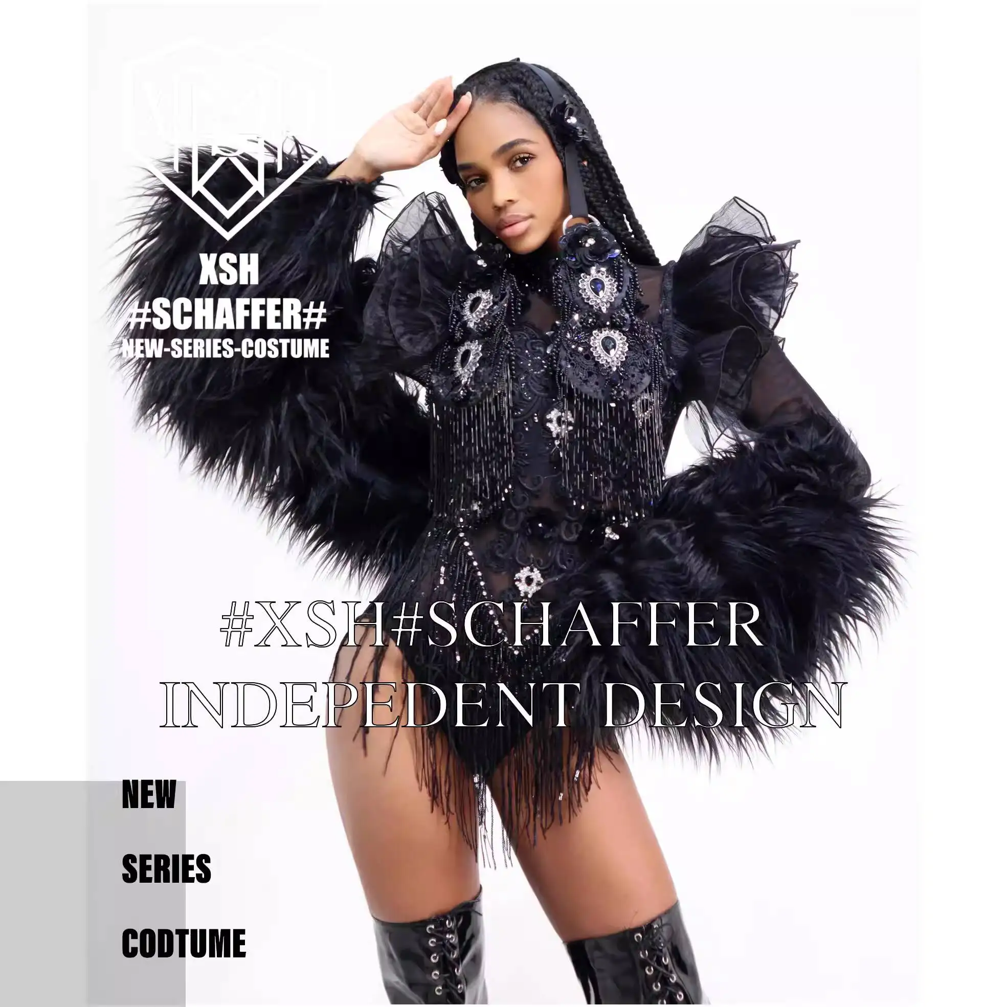 Halloween Bar Gogo Women's Sexy Nightclub Black Lace Fringe Furry Sleeves DS Singer Personality Performance Costume Custom view 3