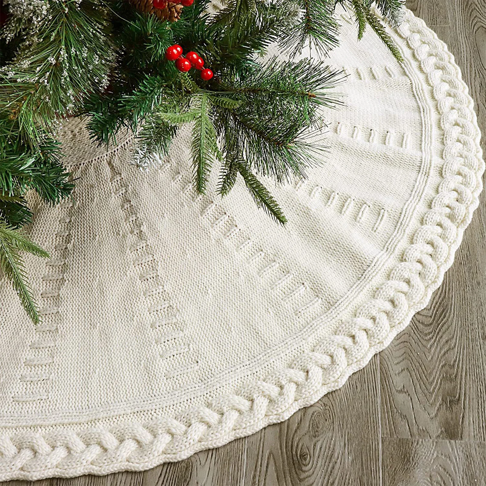 

48 inch Christmas Tree Skirt Farmhouse Cream White Knitted 2024 Xmas Tree Carpet Ornament New Year Navidad Home Party Decoration