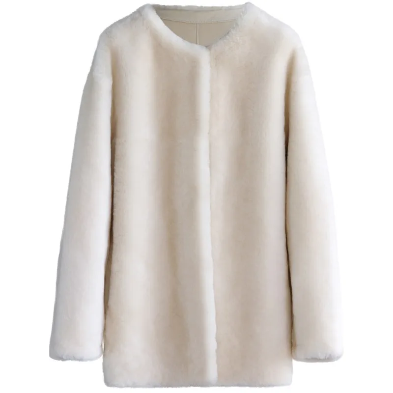 

2025 imported Australian merino wool fur coat round neck medium and long fur integrated wool coat women