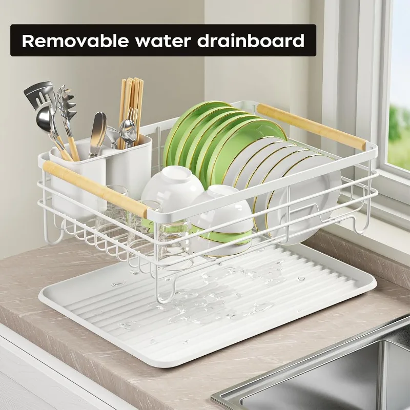 Dish Racks for Kitchen Counter: Wooden Handles, Thickened Metal, No Assembly. Small Dish Drying Rack: Ideal for Small
