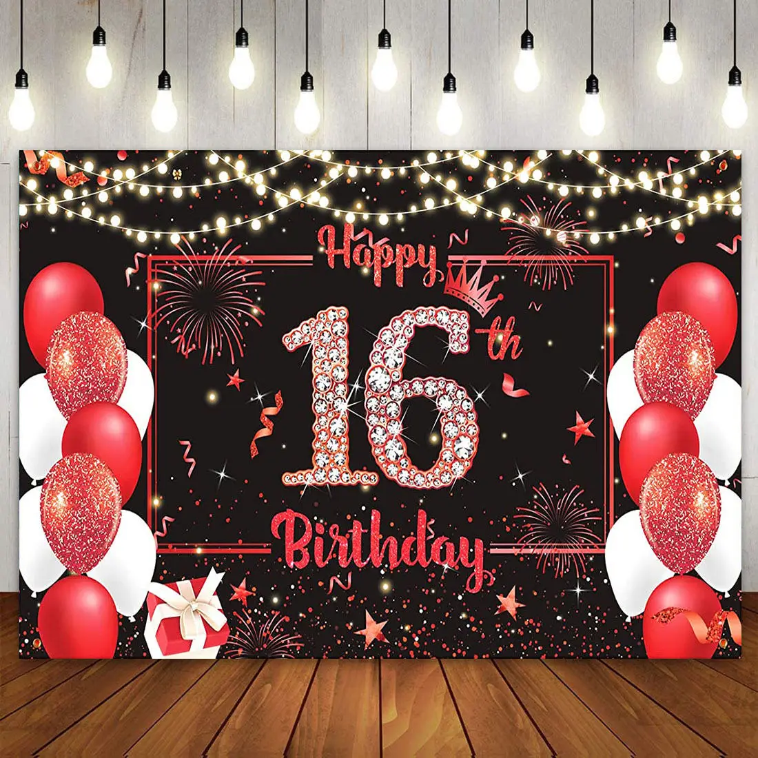 

Happy 16th Birthday Party Decoration Backdrop Banner 16 Years Old Red Black Balloon Diamonds Photography Background for Girls