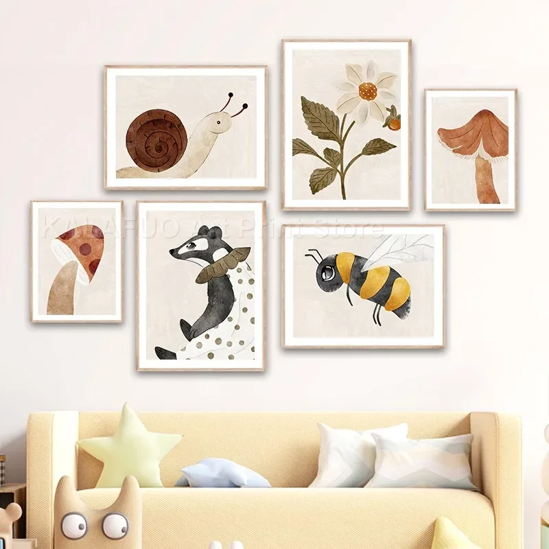 

Badger Bee Snail Flower Mushroom Woodland Animal Nursery Wall Art Canvas Painting Posters And Prints Picture For Kids Room Decor