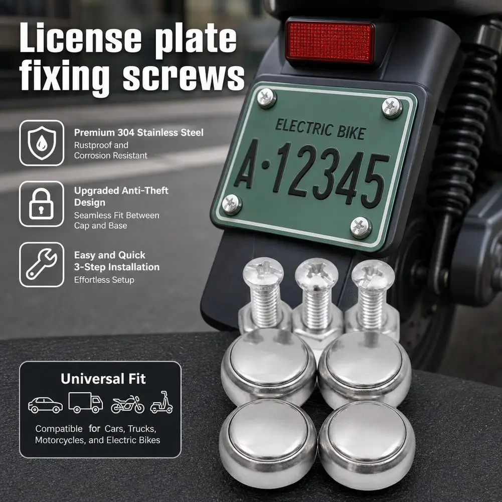 License Plate Screws Fastener Hardware Kit 304 Stainless Steel Anti-Rust Car Plate Mounting Kit with Secure Snap-Caps and Nuts