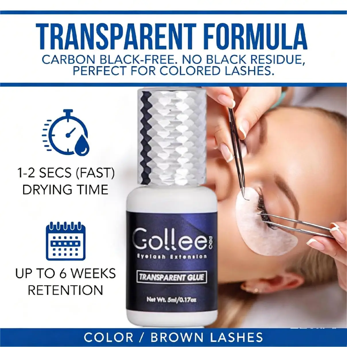 

Клей для наращивания ресниц Gollee Transparent Lash Glue, время сушки 6-8 недель, профессиональный клей для накладных ресниц, только для профессионального использования.