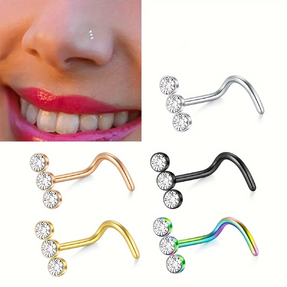 1Pcs/5Pcs Stainless Steel Zirconia Bend-Shaped Nose Studs Body Piercing Jewelry Fashion For Women Hypoallergenic Accessory