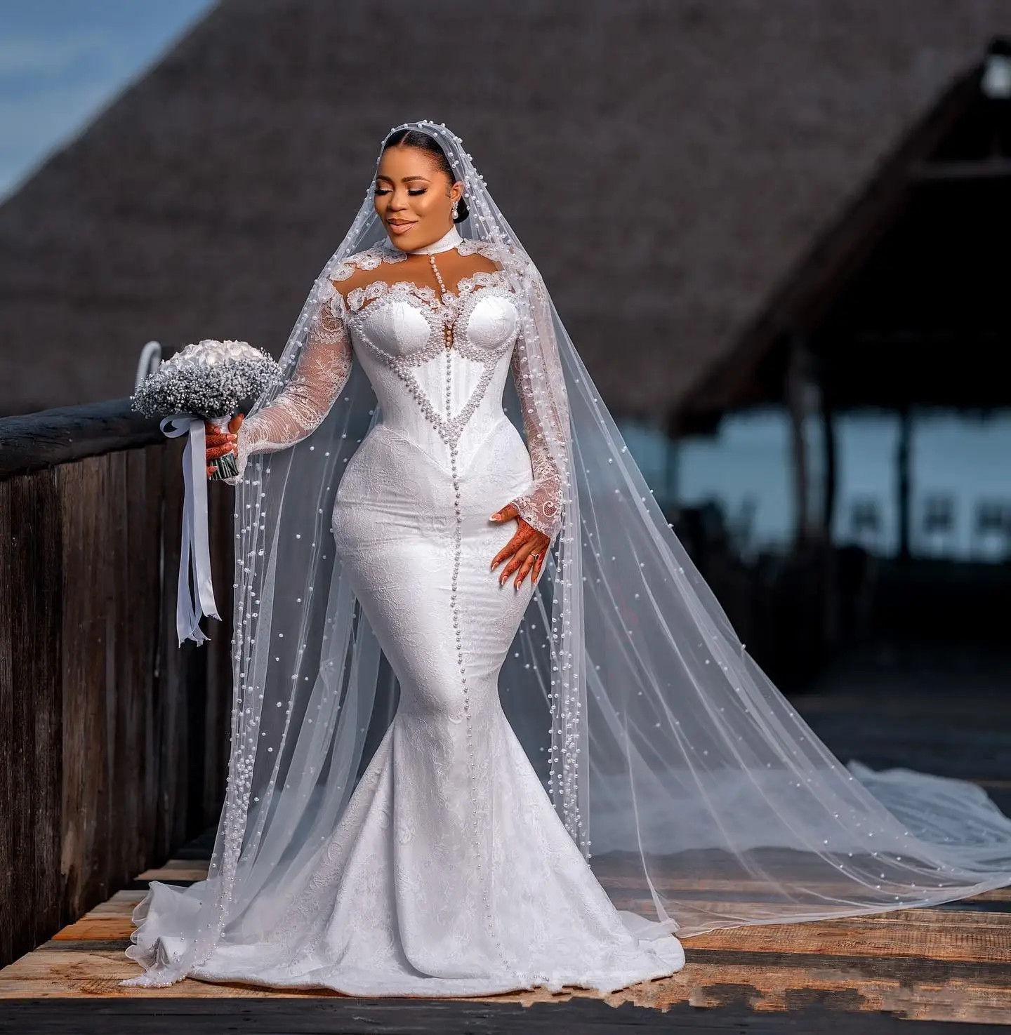 Aangepaste hoge kraag handgemaakte parels zeemeermin trouwjurk vestidos de novias kant lange mouwen Nigeria Afrika bruidsjurk