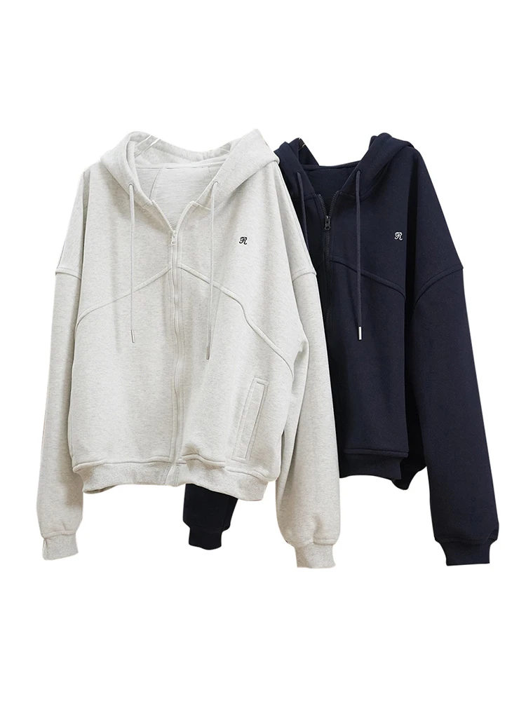 [LANMREM] Letter Hooded Sweatshirt For Women Zipper Cardigan Long Sleeve Casual Loose Top Fashion 2024 Autumn New 26D9799