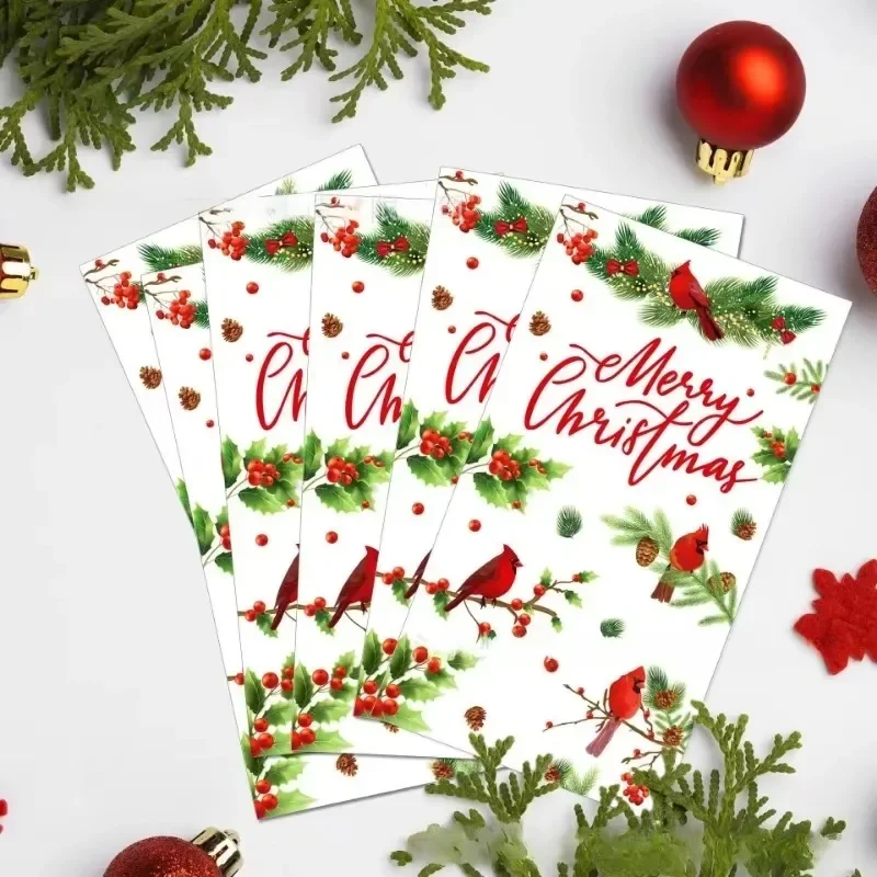 Green Floral Red Bird Printed Napkins Christmas Decoration Party Table Setting Disposable Wood Pulp Paper 2-Ply 20pcs 33*33cm