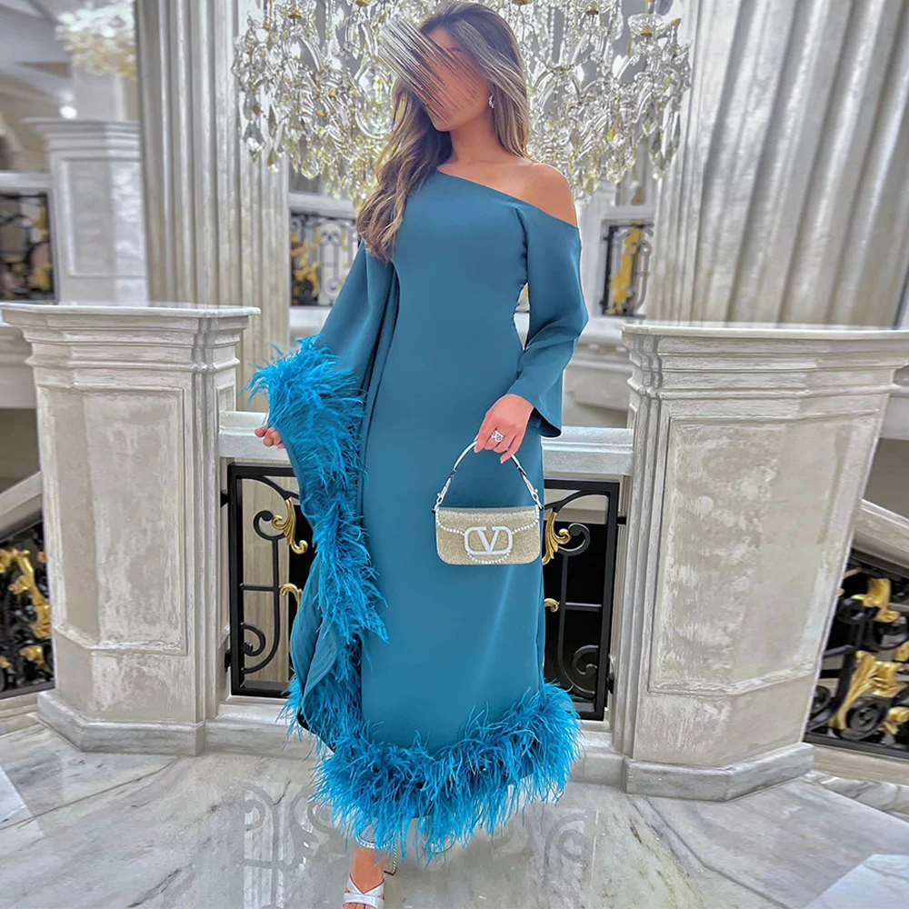 

Formal Blue Jersey Evening Dress Customized Classic One Shoulder Long Sleeves Celebrity Gowns Luxury Feathers Prom Dresses