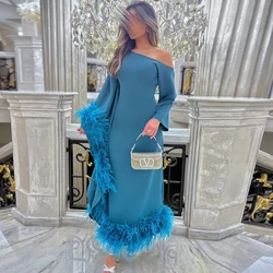 Formal Blue Jersey Evening Dress Customized Classic One Shoulder Long Sleeves Celebrity Gowns Luxury Feathers Prom Dresses