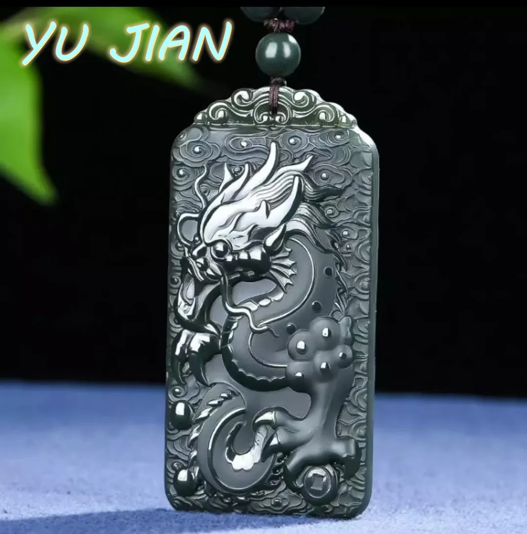 

Hetian Jade Sapphire Carved Landscape Dragon Pendant Natural Emerald Necklace Men And Women Exquisite Jewelry With Chain